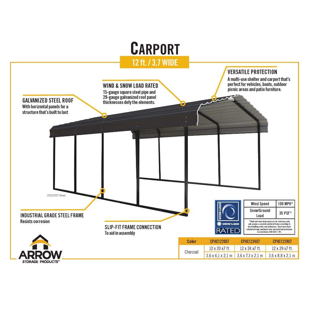 Charcoal 12' x 24' Galvanized Steel Carport with Black Frame