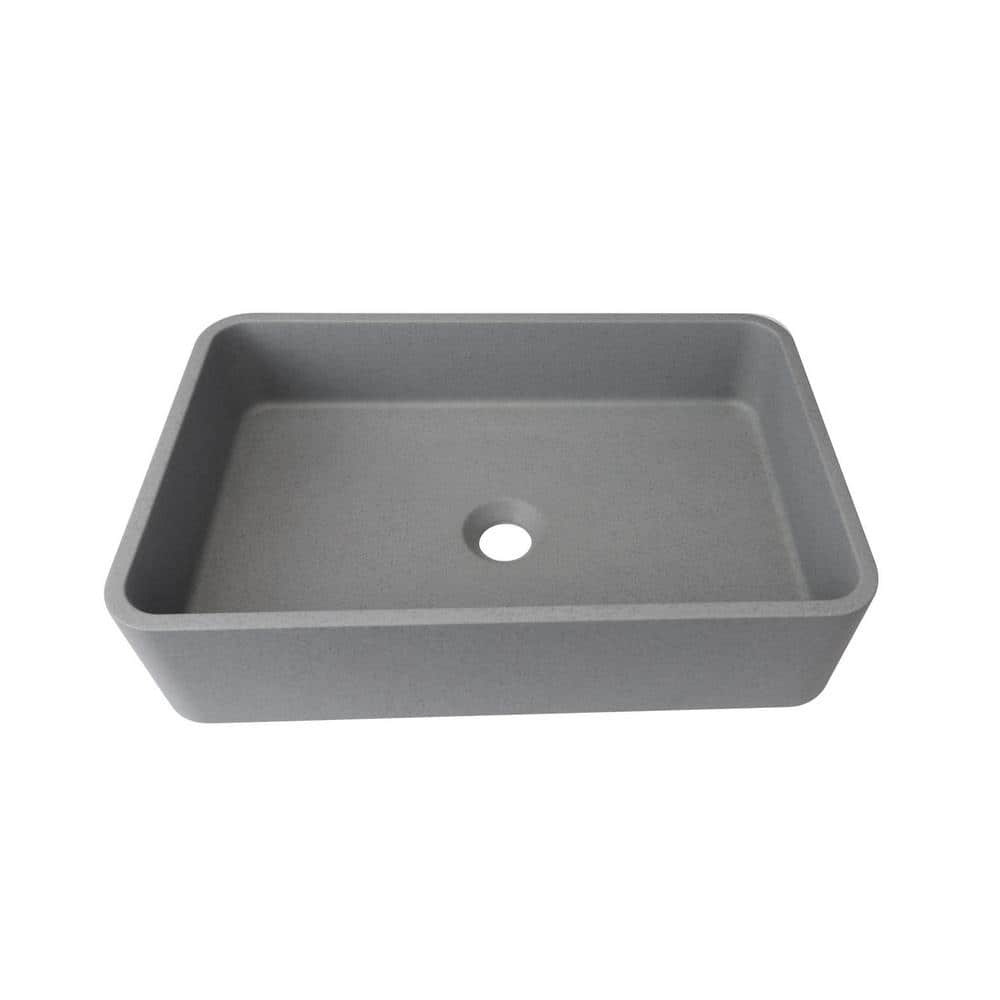 Gray Rectangular Concrete Vessel Bathroom Sink without Faucet and Drain