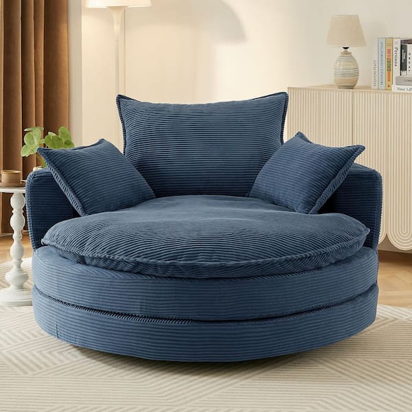 Blue Corduroy 360° Swivel Sofa Chair Accent Barrel Chair with Dual-Layer Cushion Design
