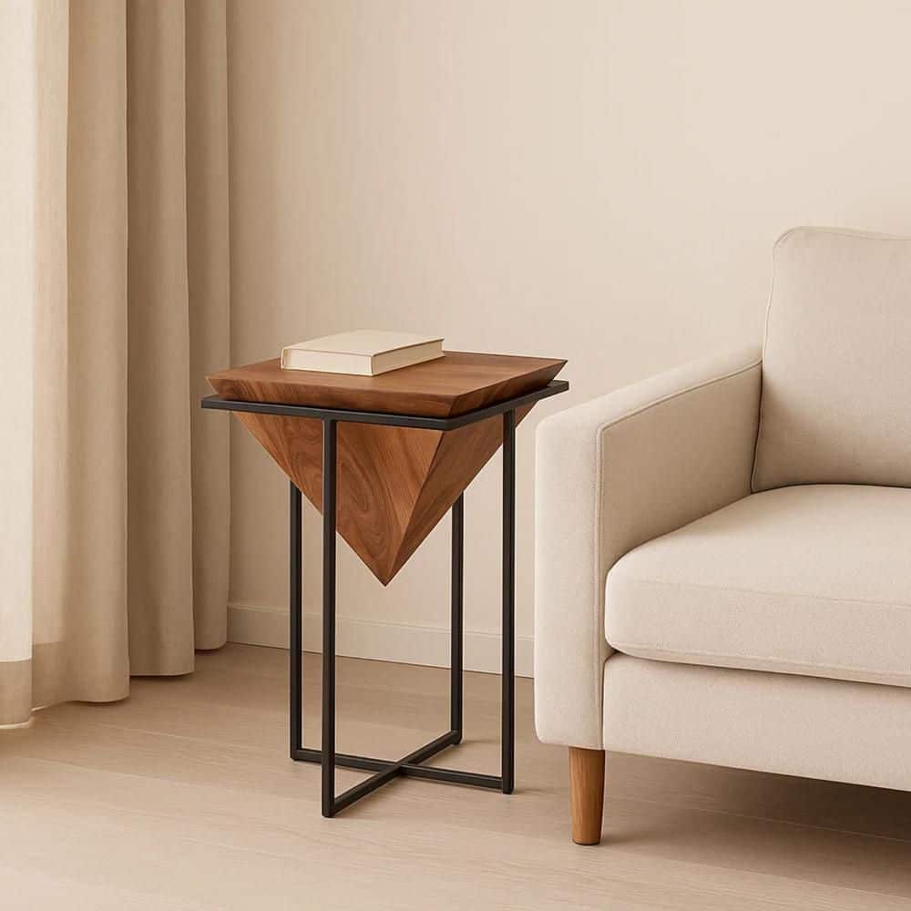 Ida 15 in. Brown and Black Square Wooden Side Table with Cross Metal Base