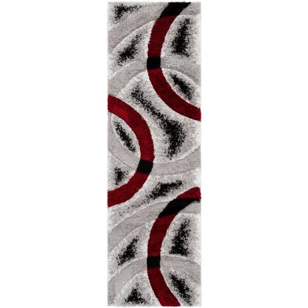 Well Woven San Francisco Oahu Red Modern Geometric Arcs and Shapes 2 ft. 3 in. x 7 ft. 3 in. 3D Carved Shag Runner Rug