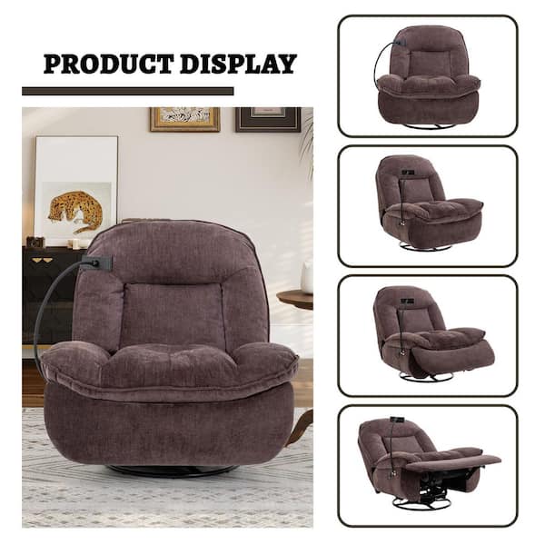 Brown Power Recliner Chair with 360° Swivel Base Chenille Fabric Adjustable Phone Holder Oversized Seat