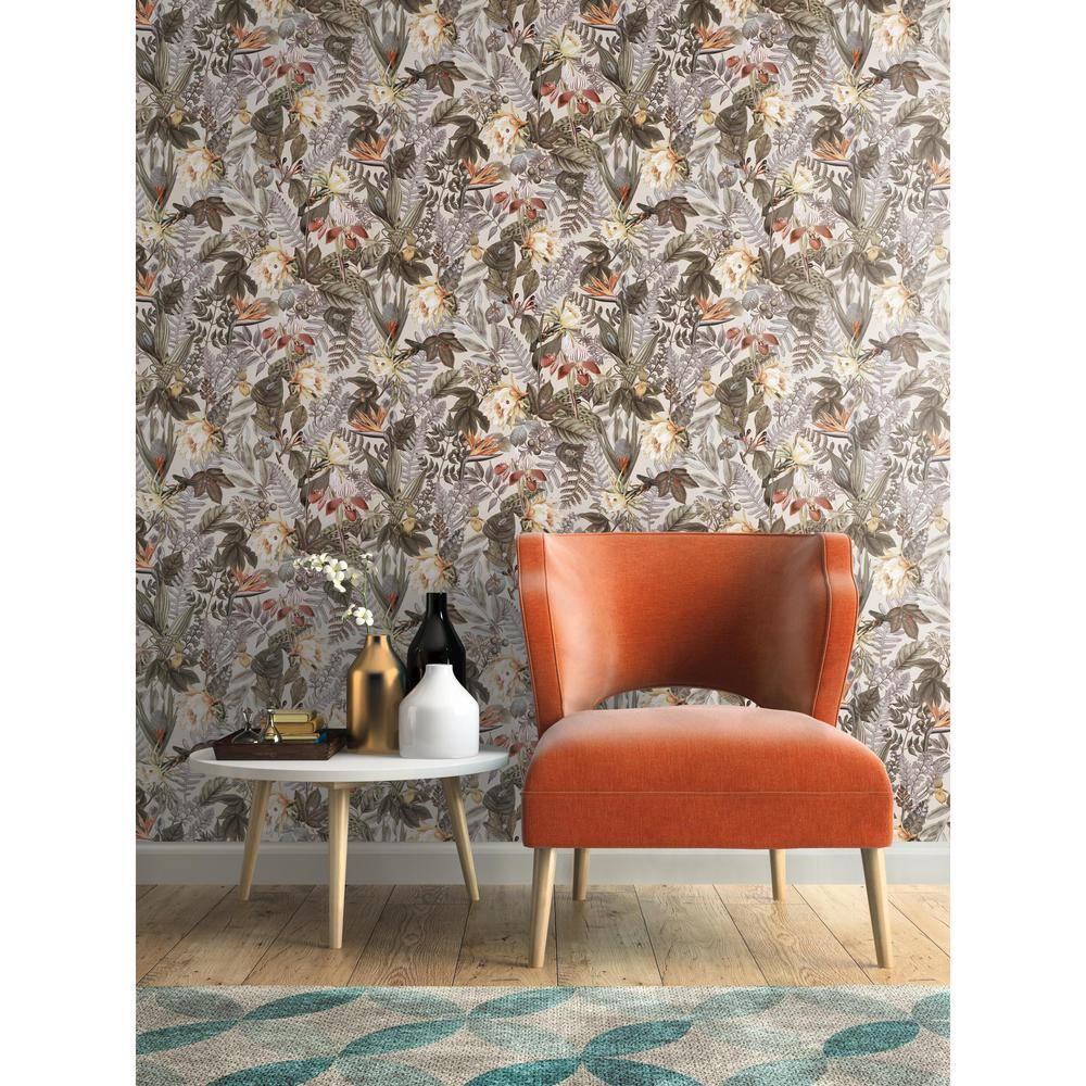 Beige and Green Vinyl Tropical Floral Peel and Stick Wallpaper Roll