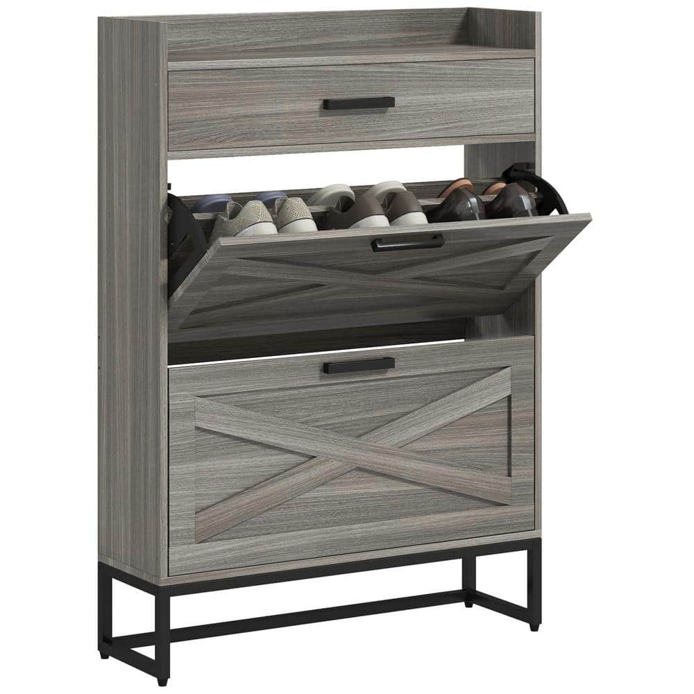 Distressed Gray Wood and Metal Slim Shoe Cabinet with Adjustable Shelves