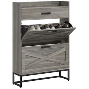 Distressed Gray 12 Pairs 2 Flip Drawers, Adjustable Shelves, Entryway Hidden Shoe Storage Cabinet
