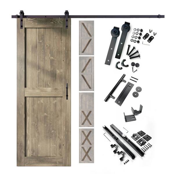 HOMACER 34 in. x 80 in. 5 in. 1 Design Classic Gray Solid Pine Wood Interior Sliding Barn Door Hardware Kit, Non-Bypass