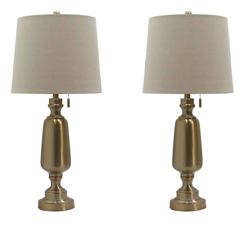 Antique Brass Metal Bedside Table Lamps with White Linen Shades, Set of 2