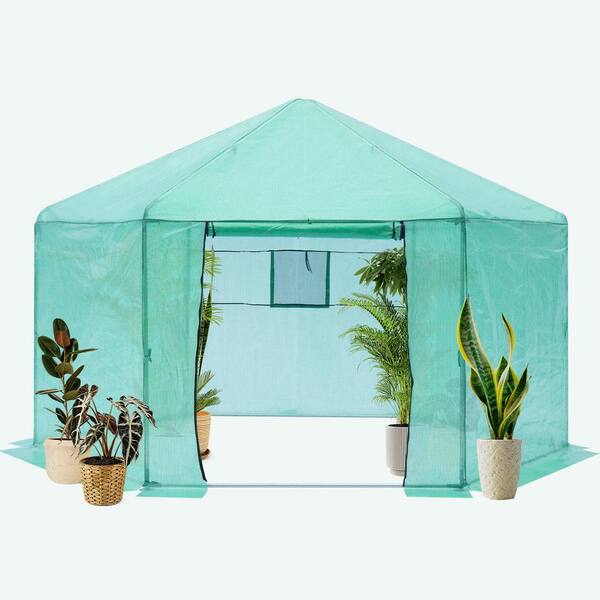Siavonce 13 ft. x 13 ft. x 9 ft. Walk-in Greenhouse Hexagonal Upgrade Reinforced Frame Reinforced Thickened Plastic Greenhouse