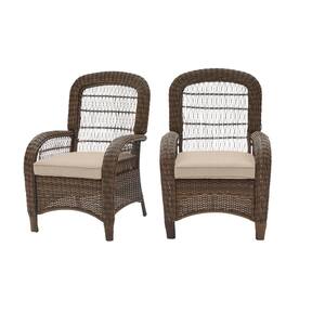 2-Pack Hampton Bay Beacon Park Brown Wicker Outdoor Patio Captain Dining Chair with CushionGuard Putty Tan Cushions