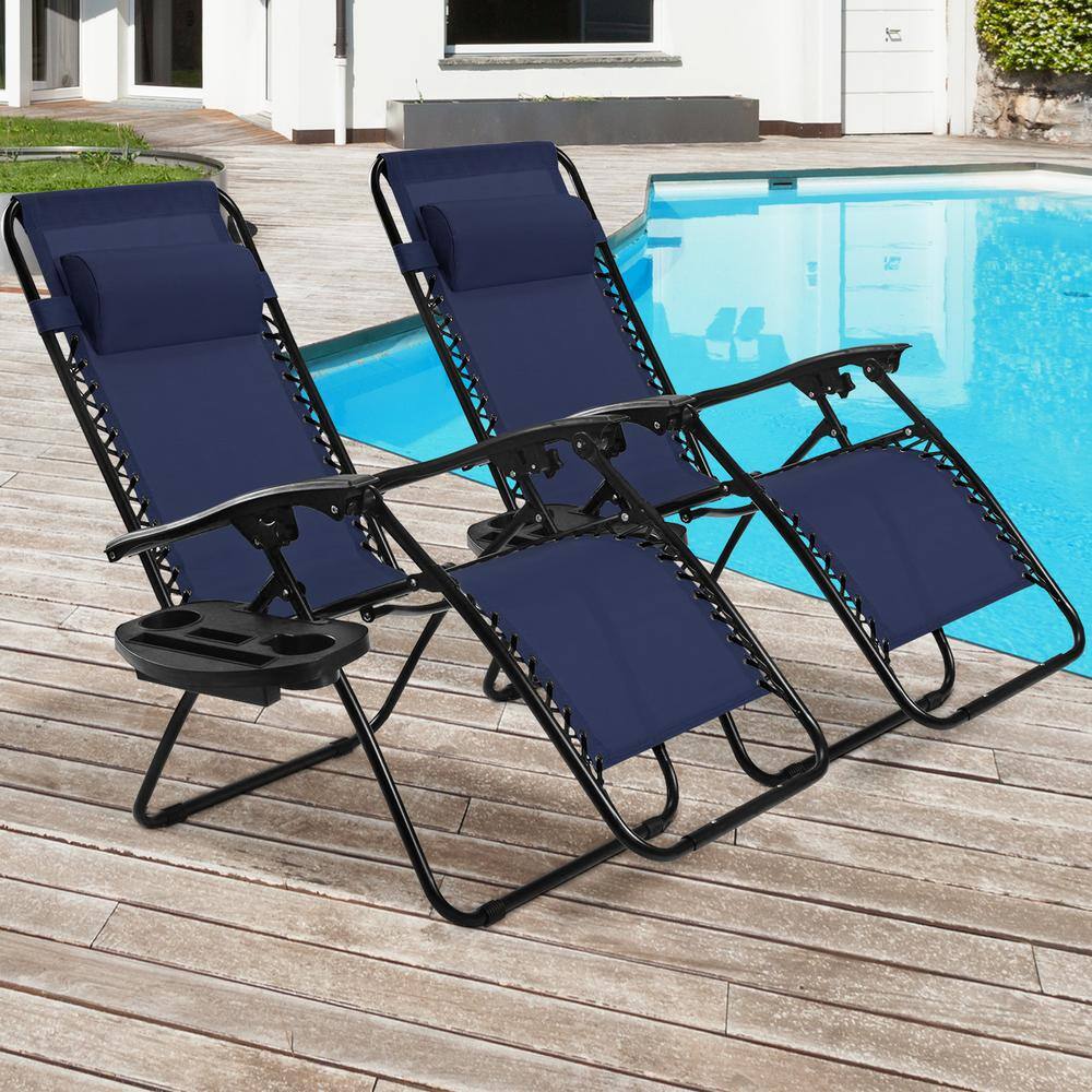 Outdoor 2 Pieces Metal Zero Gravity Folding Lawn Lounge Chair, Navy