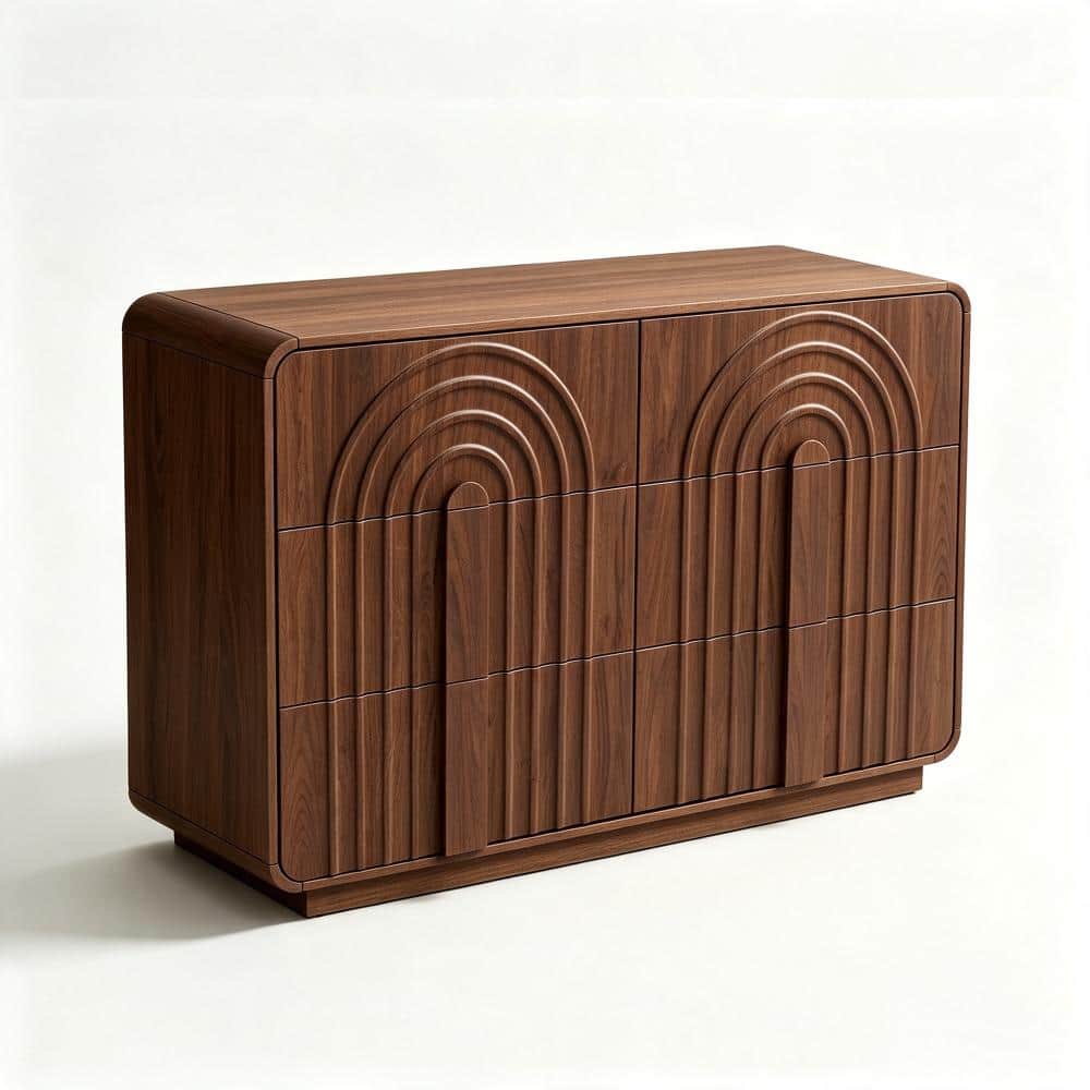 "47.24"" Walnut Mid‑Century Modern Storage Credenza, Arched Groove Sideboard Cabinet with 6 Drawers, Media Console" price history on PriceWatchPro