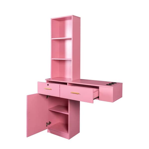 Unbranded 39.76 in. W x 13.15 in. D x 66.93 in. H Pink Wood Large Linen Cabinet with Drawers, Doors, Open Shelves and Holes
