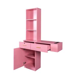 39.76 in. W x 13.15 in. D x 66.93 in. H Pink Wood Large Linen Cabinet with Drawers, Doors, Open Shelves and Holes