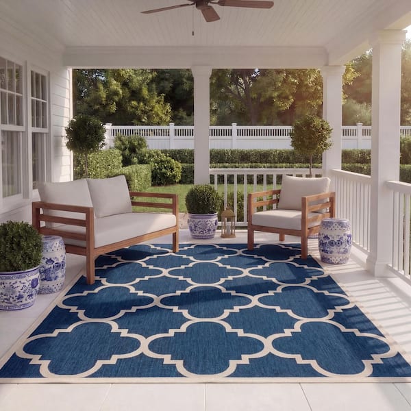 Courtyard Navy/Beige 8 ft. x 11 ft. Geometric Indoor/Outdoor Patio  Area Rug