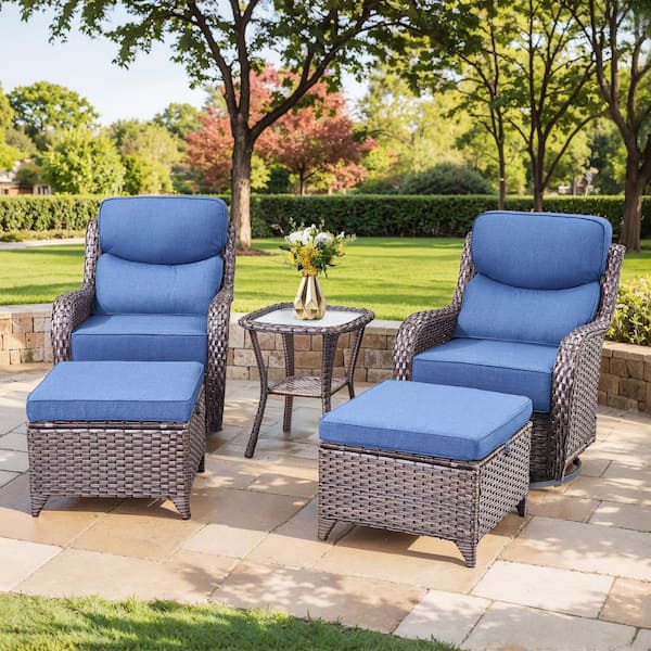 NovaSwivel Brown 5-Piece Wicker Patio Conversation Set Outdoor Swivel Glider with 6 in. Thick Blue Cushions and Ottoman