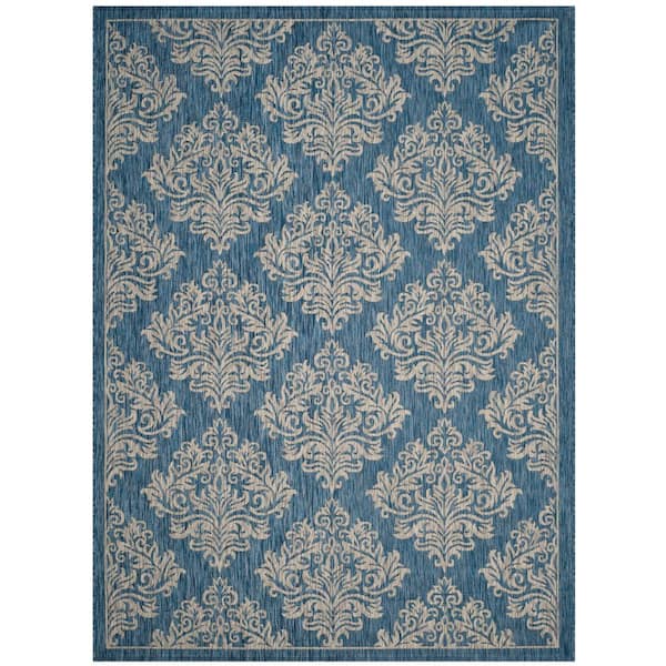 Courtyard Navy/Gray 8 ft. x 11 ft. Diamond Ornate Floral Indoor/Outdoor Area Rug