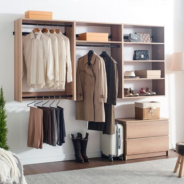 Devi Series 31.5-94. 5in. W Oak Modular Closet System Wall Mount Double Hanging Rods 5-Shelf Wood Closet System