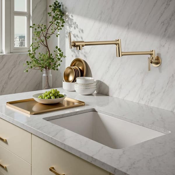 360° Rotation Wall Mounted Pot Filler with Handle in Gold