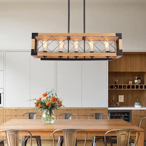 5-Light Natural Industrial Rectangular Hanging Linear Island Chandelier Lighting for Kitchen Island