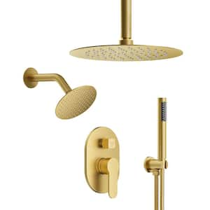 3-Spray Patterns 10, 6 in. Single Handle Ceiling, Wall Mount Fixed Shower Head Dual Shower Head in Brushed Gold