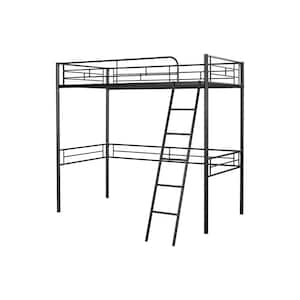Black Metal Full Loft Bed with Ladder and Metal Slats Support