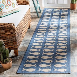 Courtyard Blue/Beige 2 ft. x 10 ft. Geometric Fish Indoor/Outdoor Patio  Runner Rug