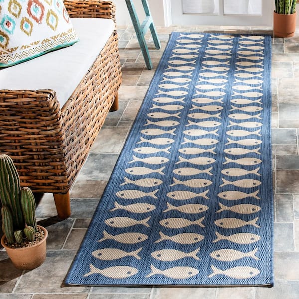 Courtyard Blue/Beige 2 ft. x 7 ft. Geometric Fish Indoor/Outdoor Patio  Runner Rug