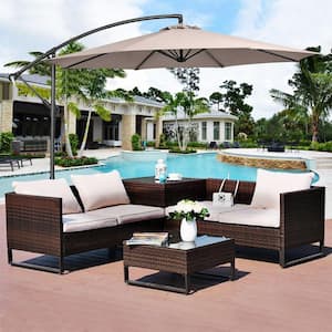 10 ft. Iron Cantilever Tilt Offset Patio Umbrella with 8 Ribs Cantilever and Cross Base Adjustment in Brown