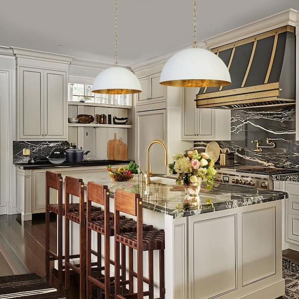 Mid-century 17.7 in. W 1-Light Gold Pendant Lamp, Modern Pendant Light with White Dome Shade for Dining Room, Kitchen