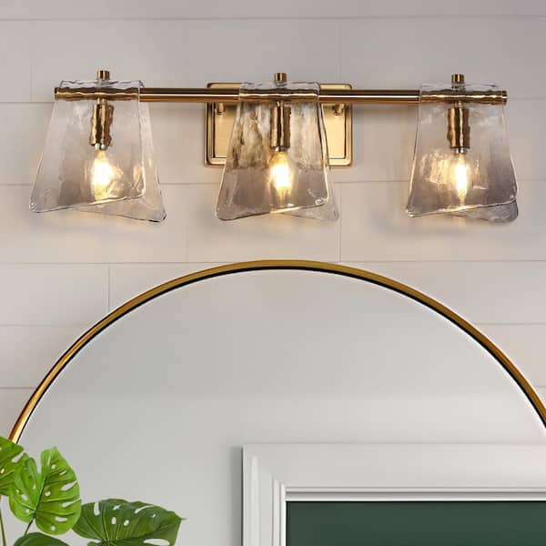 Afmean Glam 23.6 in. 3-Light Plated Brass Geometric Gray Glass Bathroom Vanity Light, Modern Powder Room Wall Sconce