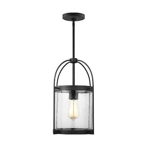 Kenny 1-Light Midnight Black Dimmable Transitional Indoor/Outdoor Pendant Light with Clear Seeded Glass Shade
