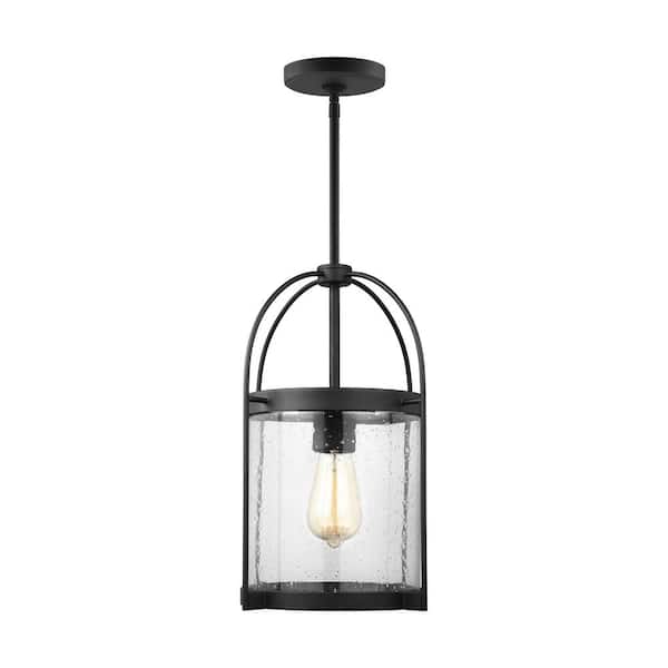 Generation Lighting Kenny 1-Light Midnight Black Dimmable Transitional Indoor/Outdoor Pendant Light with Clear Seeded Glass Shade