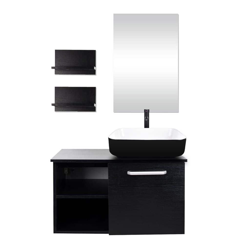 28 in. W x 19 in. D x 16 in. H Single Sink Bath Vanity in Black with Black Solid Surface Top and Mirror price history on PriceWatchPro