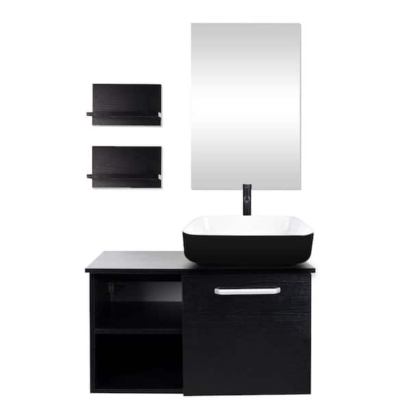 Puluomis 28 in. W x 19 in. D x 16 in. H Single Sink Bath Vanity in Black with Black Solid Surface Top and Mirror