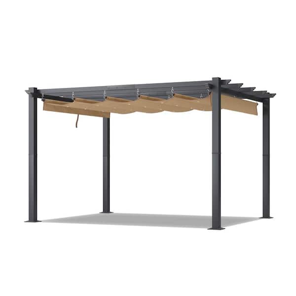 Sizzim 12 ft. x 10 ft. Khaki Aluminum Outdoor Patio Pergola with Retractable Sun-Proof Canopy