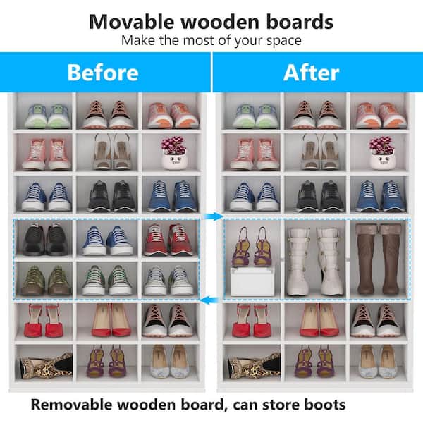 BYBLIGHT 12.2 in. W White 24-Pairs Shoe Storage Cabinet, White Laminate Wood Shoe Rack with Adjustable Panel