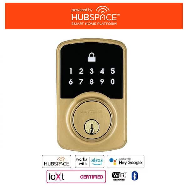 Square Compact Brushed Gold Electronic Single Cylinder Deadbolt Wi-Fi Enabled Powered by Hubspace