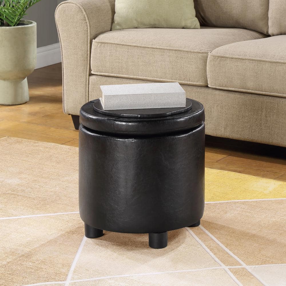 16" Round Black Faux Leather Ottoman with Reversible Tray