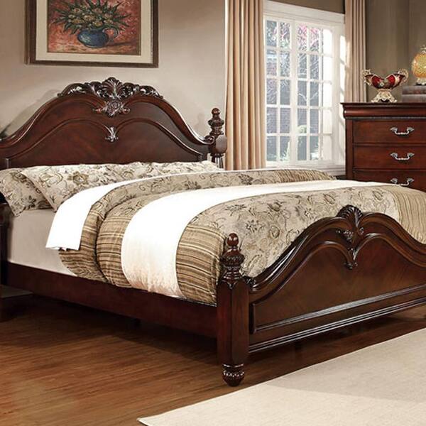 Brown Cherry Bedroom Furniture 1pc Queen Size Bed Solid wood Post