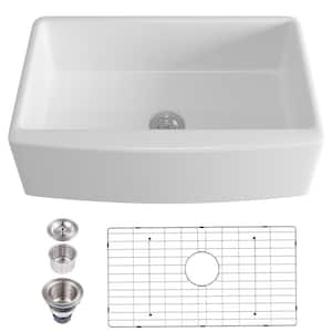 White Fireclay 33 in. Single Bowl Farmhouse Apron Kitchen Sink with Basin Rack and Strainer Basket