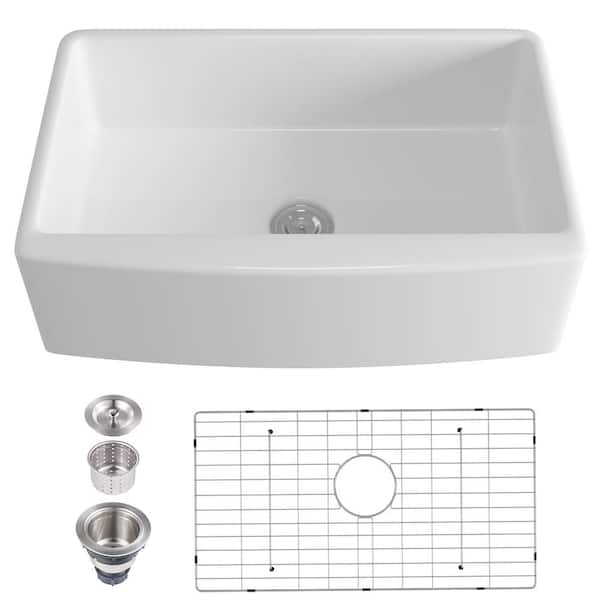 Boyel Living White Fireclay 33 in. Single Bowl Farmhouse Apron Kitchen Sink with Basin Rack and Strainer Basket