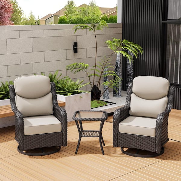 Smiley 3-Piece Brown Wicker Outdoor Swivel Rocking Chair Patio Conversation Set with Thick Beige Cushions and Side Table