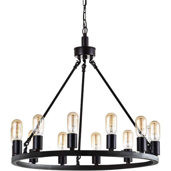12 Light Black Farmhouse Wagon Wheel Chandelier - Ceiling Light for Living Room, Dining Room, Hallway, Foyer