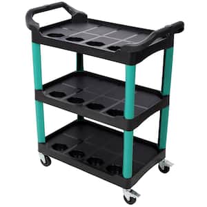 3-Tier Plastic Rolling 4-Wheeled Auto Detail Utility Cart in Green and Black for Garage, Workshop, Repair Shop