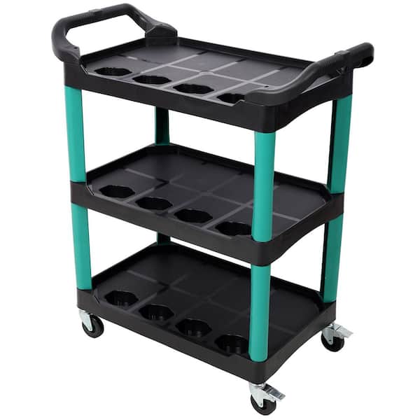 3-Tier Plastic Rolling 4-Wheeled Auto Detail Utility Cart in Green and Black for Garage, Workshop, Repair Shop