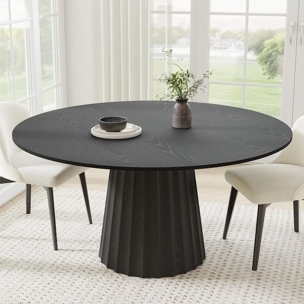 Lirago Cone Black Colored Wood 60 in. Column Base Wide Strip Concave Straight Edge Dining Table for 8