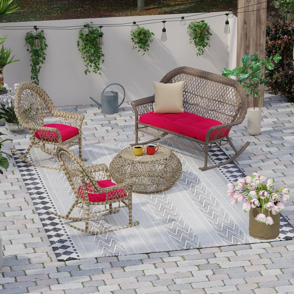 Really Red Tufted Outdoor Wicker Cushion Set for Bench and Chairs
