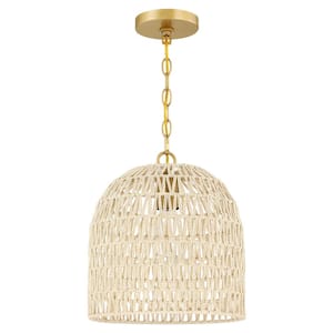 Mabelle 1-Light Gold Bohemian Island Pendant Light with Dome Woven Shade