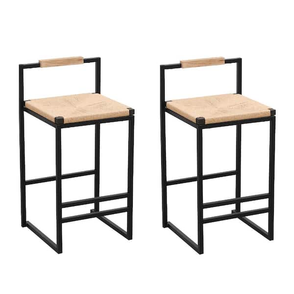 Natural Paper Rope Handwoven Seat with Sturdy Black Metal Frame Counter Height Bar Stools Set of 2