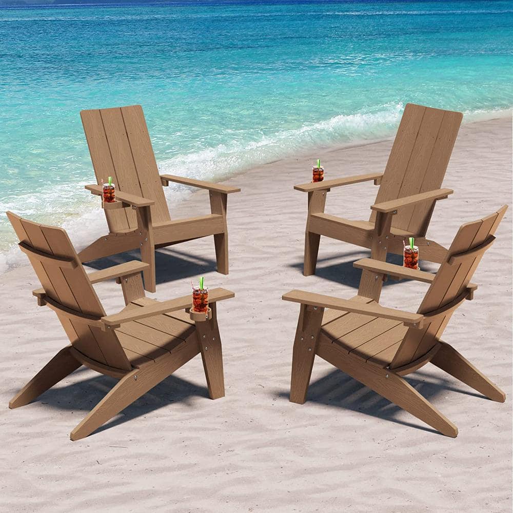 Teak Brown Plastic Adirondack Chairs with Cup Holder, Set of 4